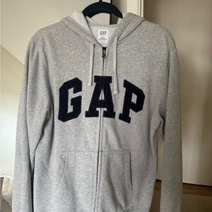 GAP Heather Gray Zip-Up Hoodie with Black Lettering